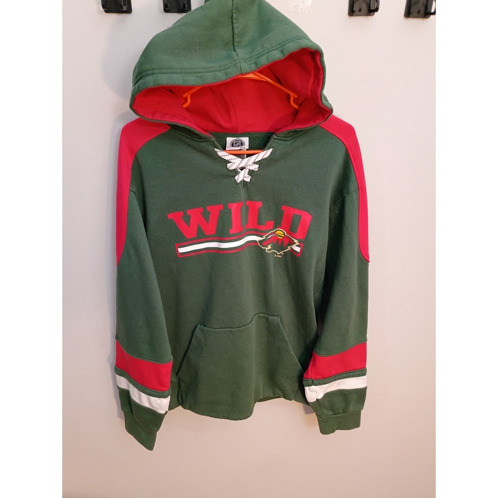 NHL Minnesota Wild Hockey Hoodie Green Red Lace Up Sweatshirt Mens Medium